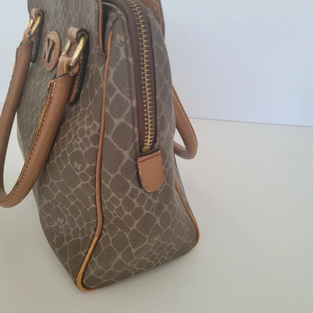 Nina Ricci Vintage‎ Brown Textured Satchel Bag Top Handle Logo Print Handbag